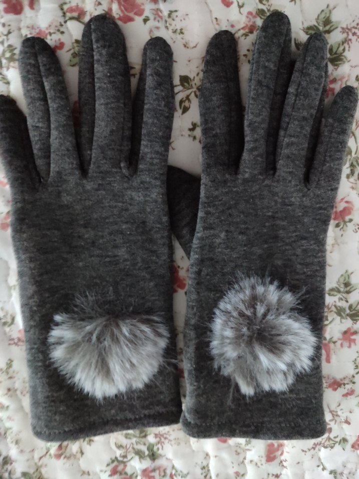 Gri Peluş Kadın Eldivenleri Kürk Detaylı - Görsel 2