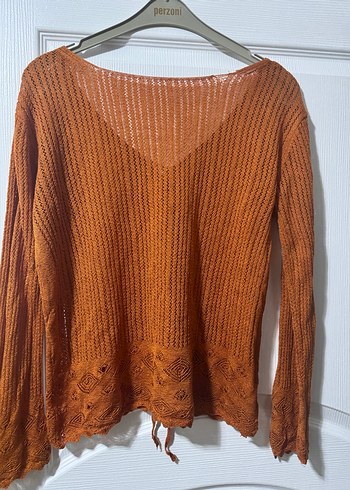 V yaka uzun kollu kahverengi örgü kazak - Görsel 2