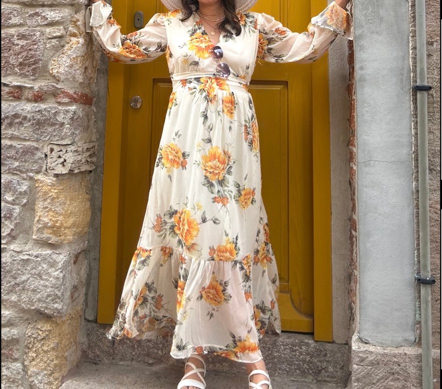 Çiçek Desenli Beyaz Bohem Uzun Elbise - Görsel 2