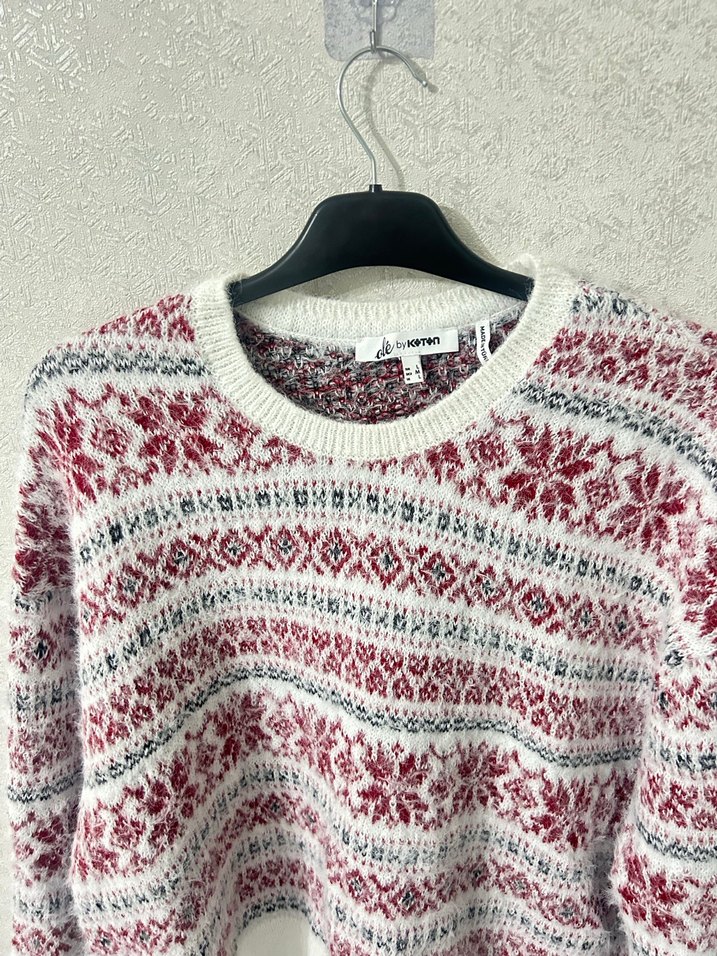 Bordo Gri Nakışlı Bohem Kadın Kazak - Görsel 2