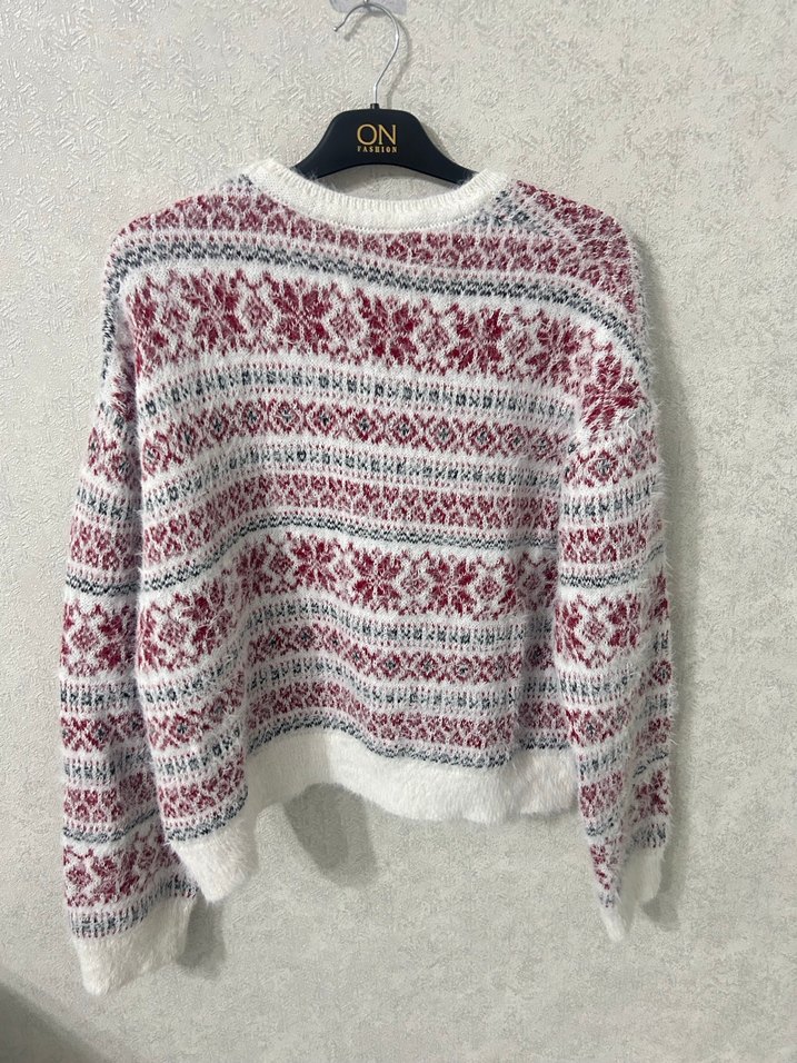 Bordo Gri Nakışlı Bohem Kadın Kazak - Görsel 3