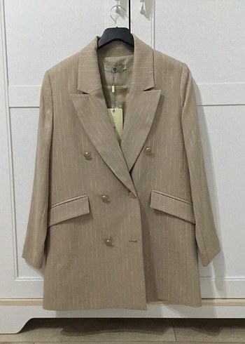 Bej Düğmeli Keten Kadın Blazer - Görsel 2