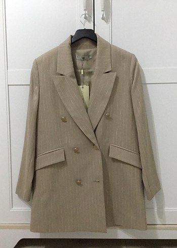 Bej Düğmeli Keten Kadın Blazer - Görsel 3