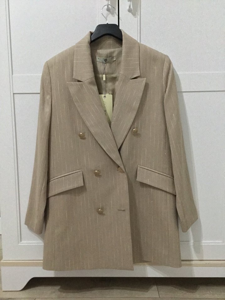 Bej Düğmeli Keten Kadın Blazer - Görsel 2