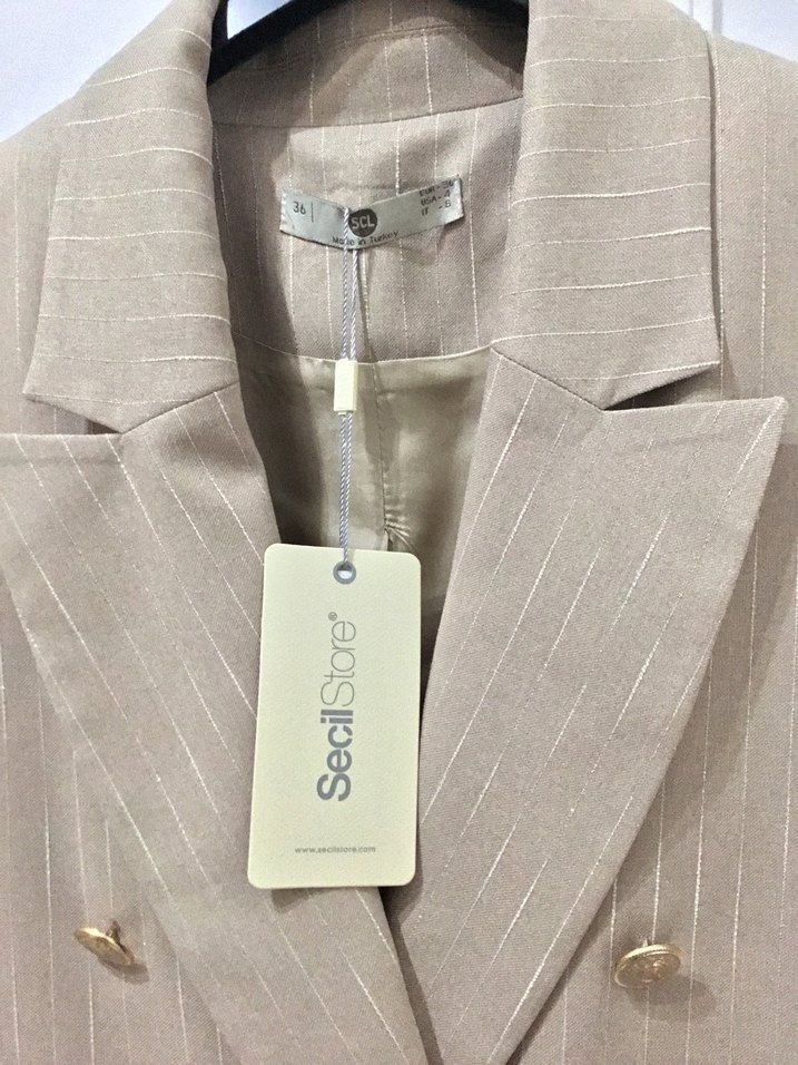 Bej Düğmeli Keten Kadın Blazer - Görsel 5