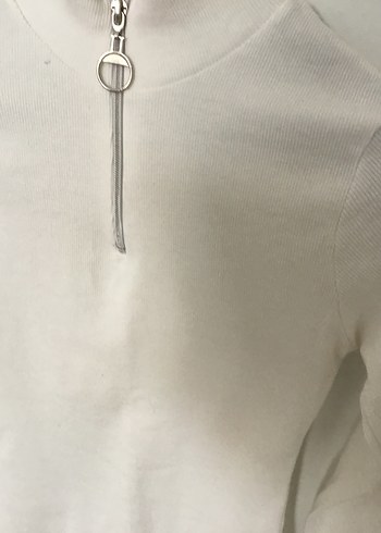 Beyaz Yarım Fermuarlı Yüksek Yaka Kadın Kazak - Görsel 2