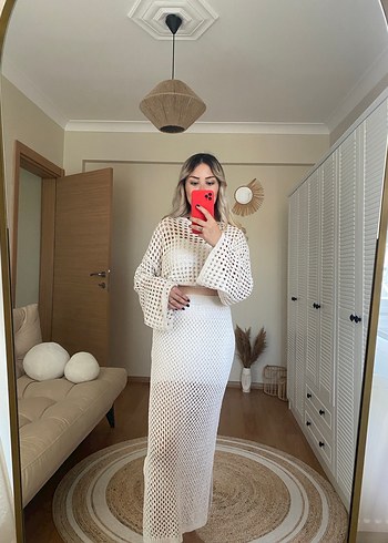 Bohem Uzun Kollu Beyaz Örgü Midi Elbise - Görsel 3