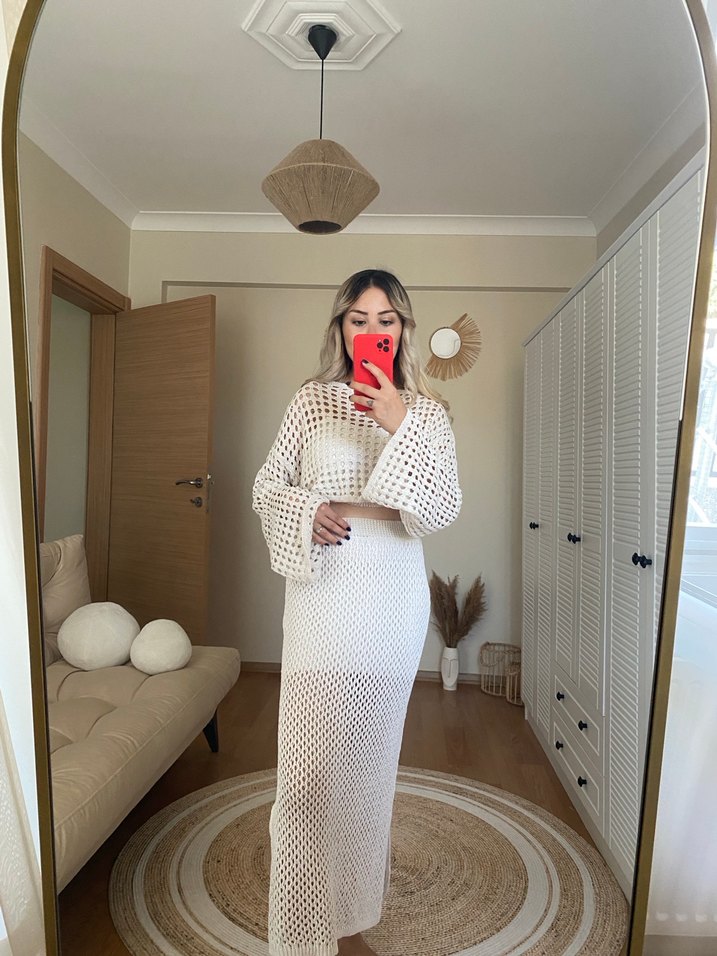 Bohem Uzun Kollu Beyaz Örgü Midi Elbise - Görsel 3