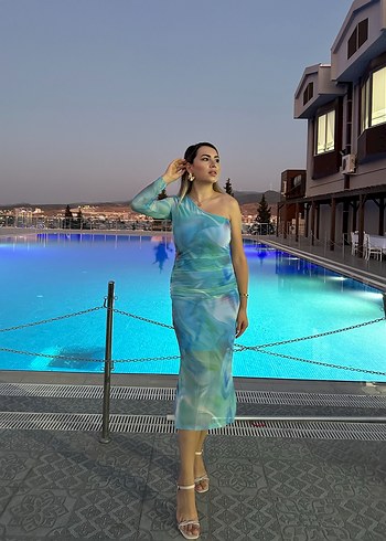 Mavi Drapeli Uzun Straplez Elbise - Görsel 2