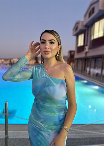 Mavi Drapeli Uzun Straplez Elbise - Görsel 3