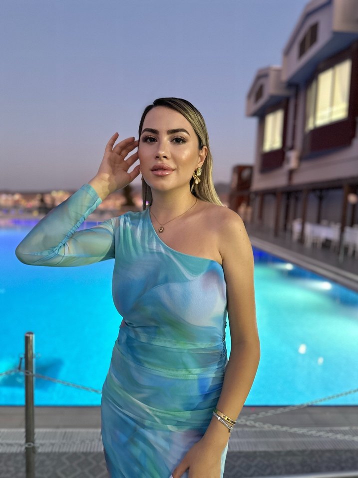 Mavi Drapeli Uzun Straplez Elbise - Görsel 3