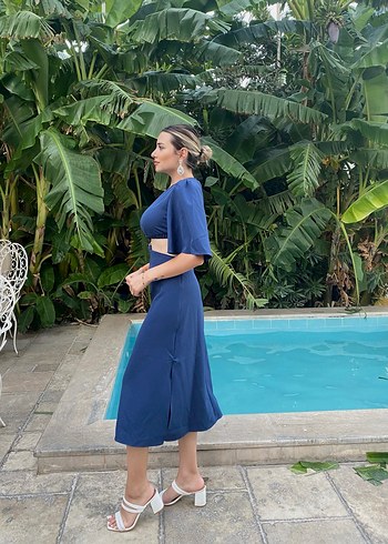 Kemer Detaylı Lacivert Kadın Uzun Elbise - Görsel 3