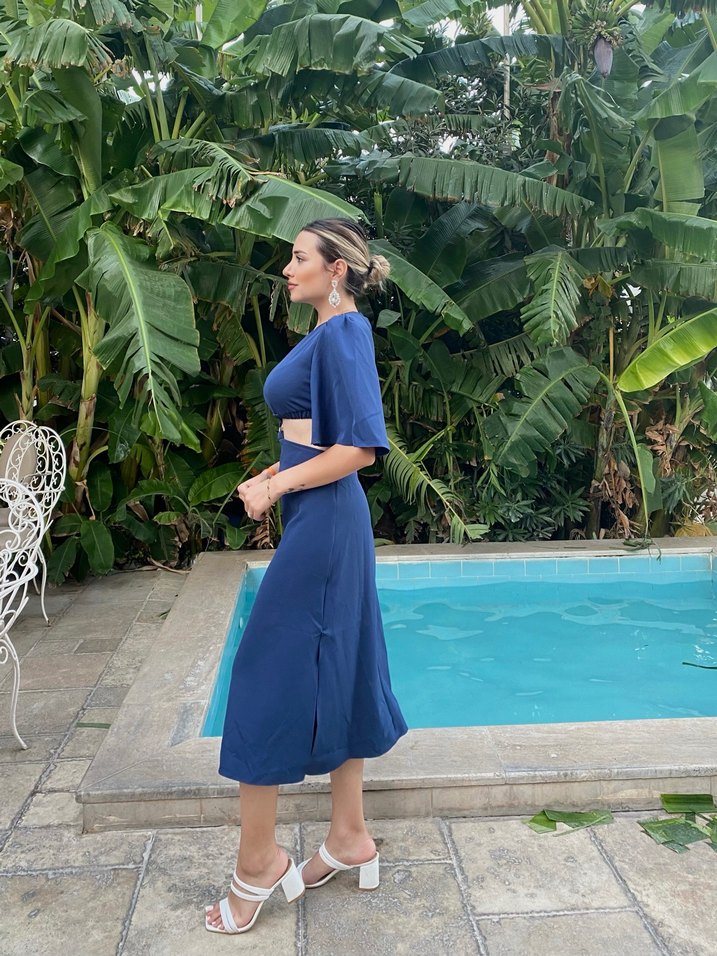 Kemer Detaylı Lacivert Kadın Uzun Elbise - Görsel 3