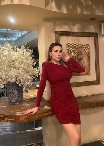 Bordo  V Yaka Mini Elbise - Görsel 3