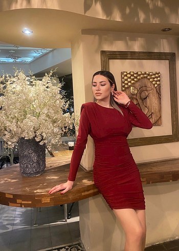 Bordo  V Yaka Mini Elbise - Görsel 2