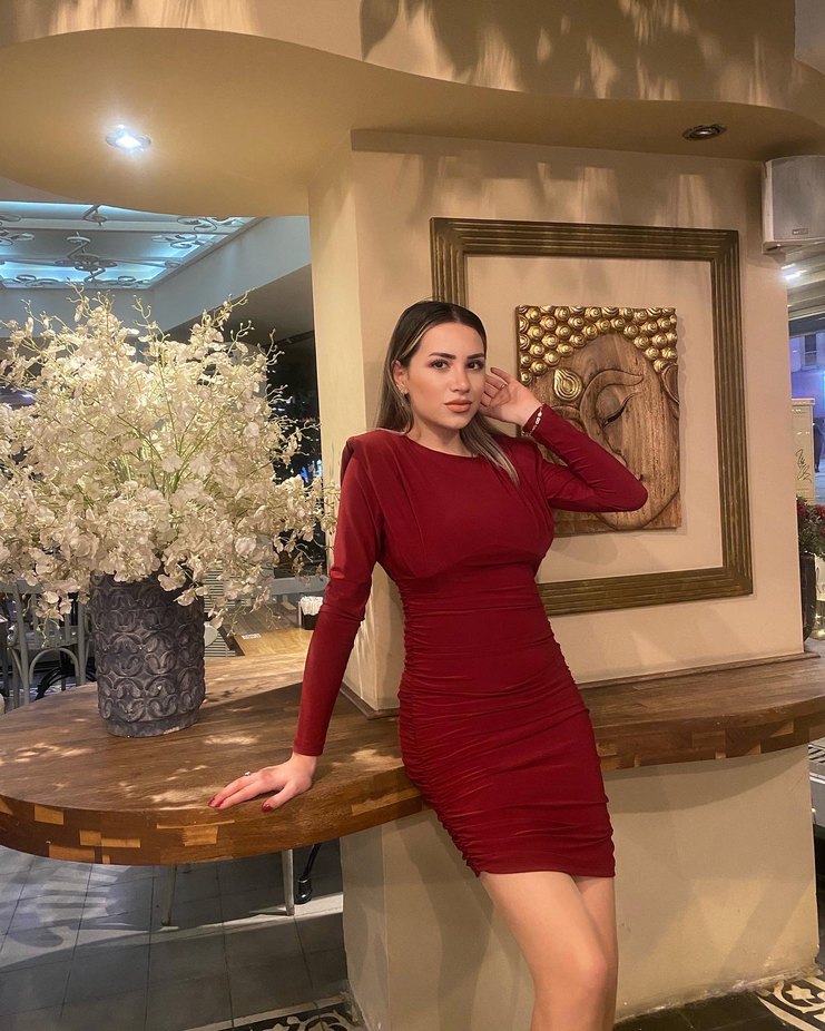 Bordo  V Yaka Mini Elbise - Görsel 3