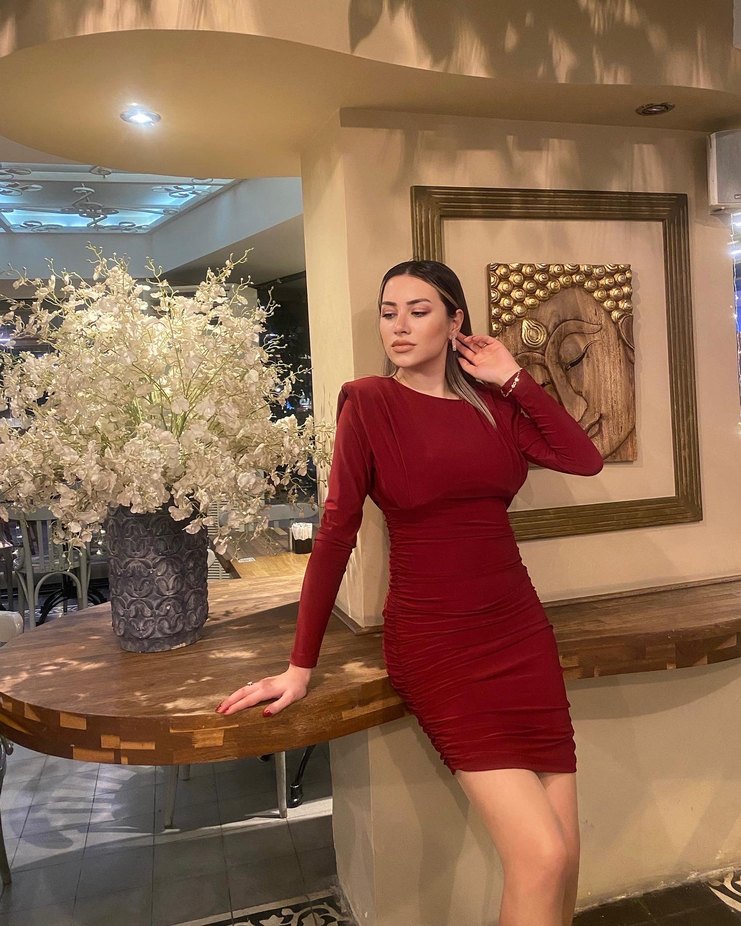 Bordo  V Yaka Mini Elbise - Görsel 2