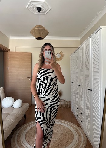 Zebra Desenli Straplez Midi Elbise - Görsel 2
