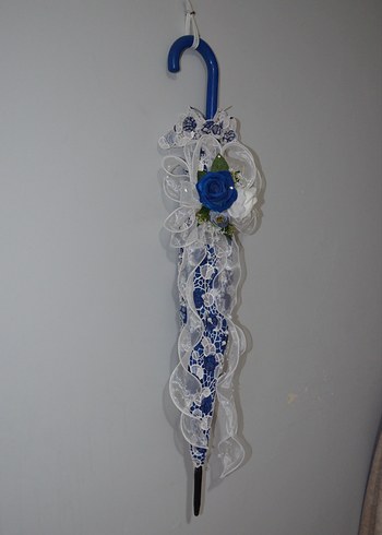 Dantel Kaplı Dekoratif Şemsiye  Mavi Beyaz Güllü Süs - Görsel 2