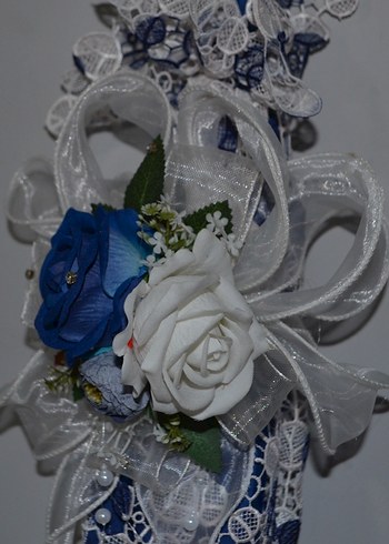 Dantel Kaplı Dekoratif Şemsiye  Mavi Beyaz Güllü Süs - Görsel 3