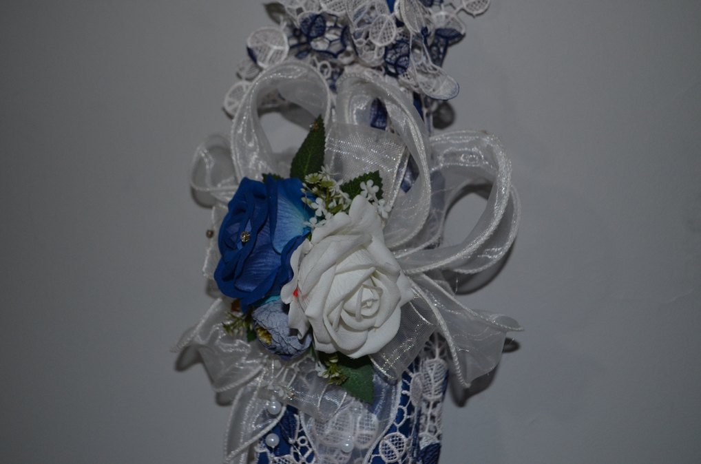 Dantel Kaplı Dekoratif Şemsiye  Mavi Beyaz Güllü Süs - Görsel 3