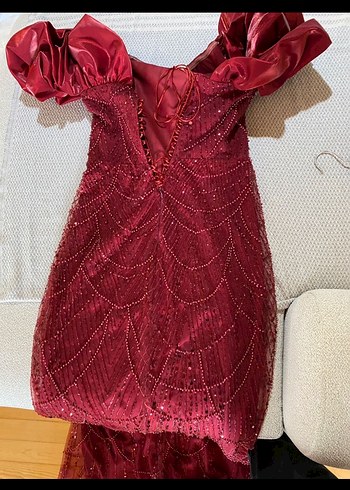 Bordo İşlemeli Uzun Abiye Elbise - Görsel 3