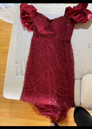 Bordo İşlemeli Uzun Abiye Elbise - Görsel 4