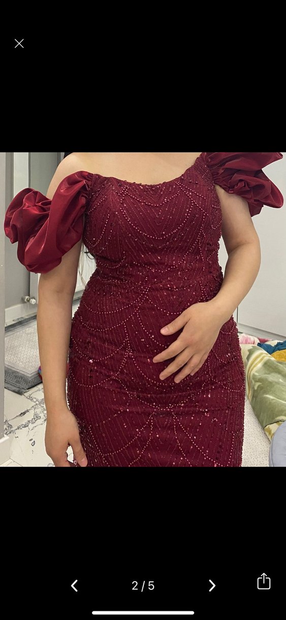 Bordo İşlemeli Uzun Abiye Elbise - Görsel 2