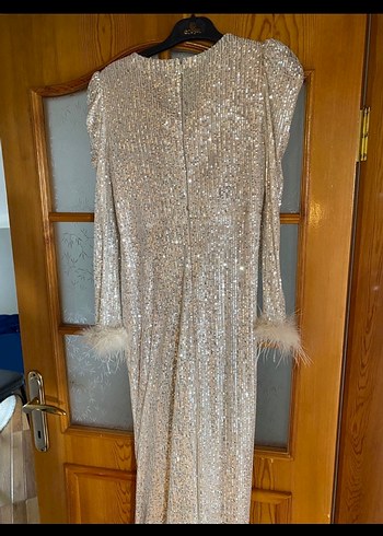 Uzun Kollu V Yaka Parlak Bej Abiye Elbise - Görsel 3