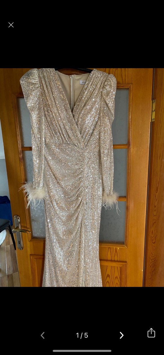 Uzun Kollu V Yaka Parlak Bej Abiye Elbise - Görsel 4