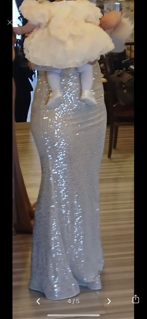 Uzun Kollu V Yaka Parlak Bej Abiye Elbise - Görsel 2