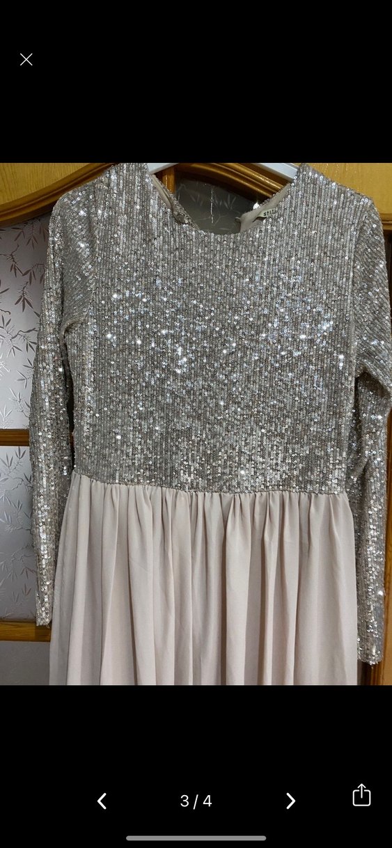 Uzun Kollu Bej Abiye Elbise - Görsel 2