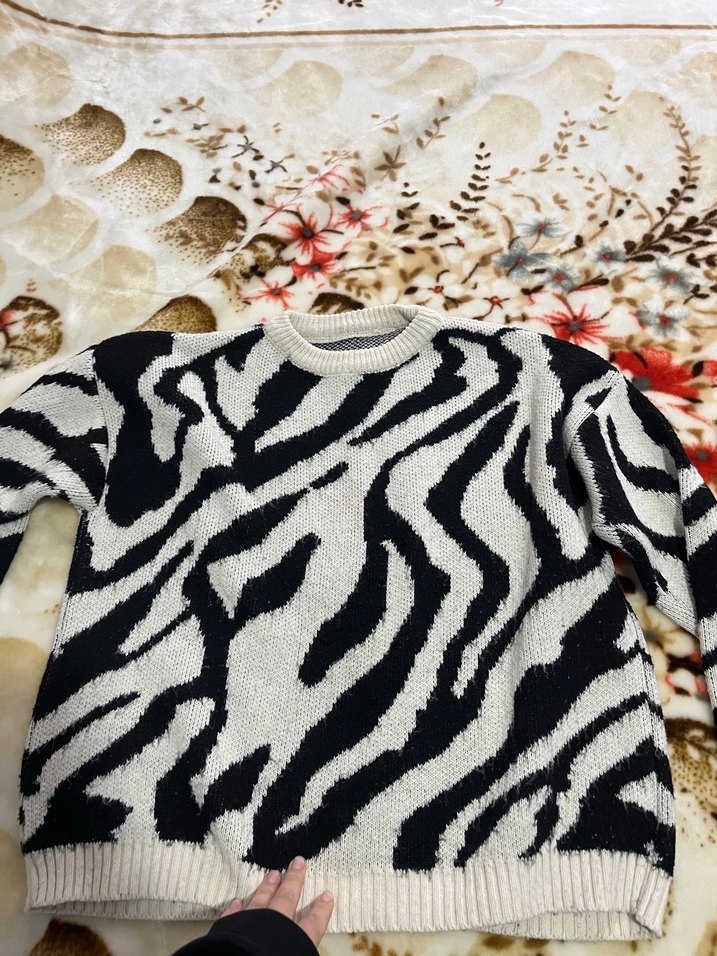 Kadın Siyah Beyaz Zebra Desenli Uzun Kollu Kazak - Görsel 2