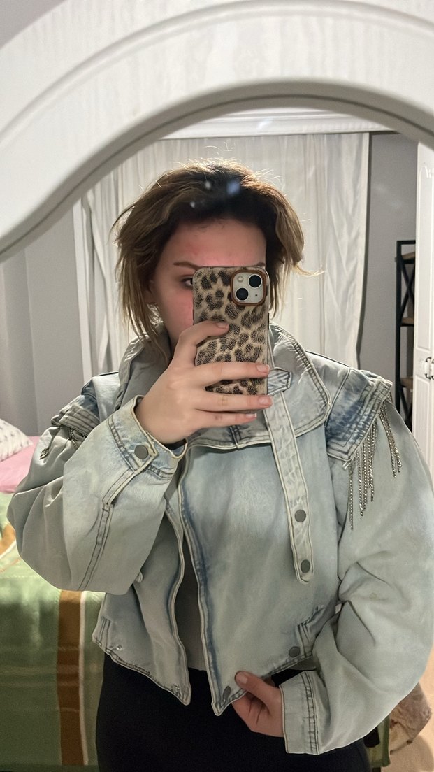 Gri Bağcıklı Tie-Dye Denim Ceket - Görsel 2