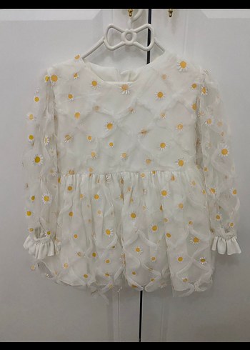 Beyaz Kız Çocuk Papatyalı Fırfırlı Elbise - Görsel 4