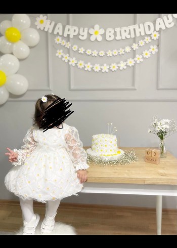 Beyaz Kız Çocuk Papatyalı Fırfırlı Elbise - Görsel 2