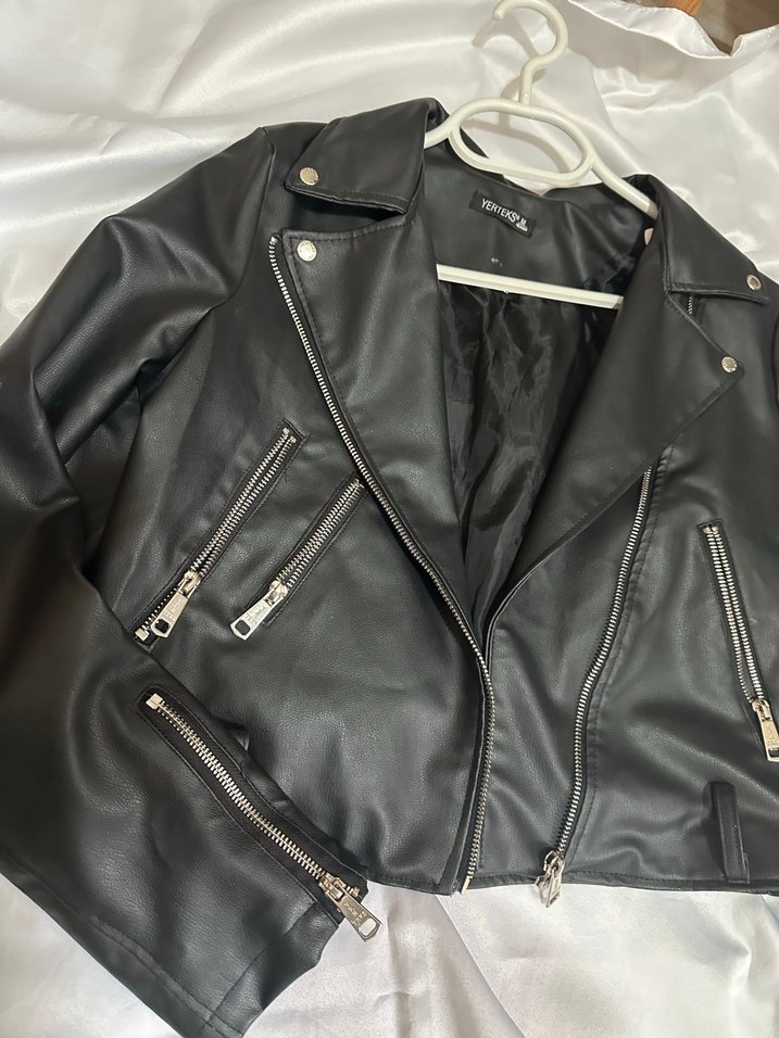 Siyah Kadın Deri Biker Ceket - Görsel 2