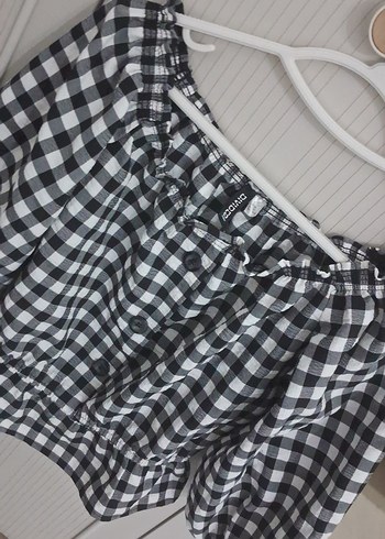 Düğmeli Gri Beyaz Kareli Kadın Bluz - Görsel 3