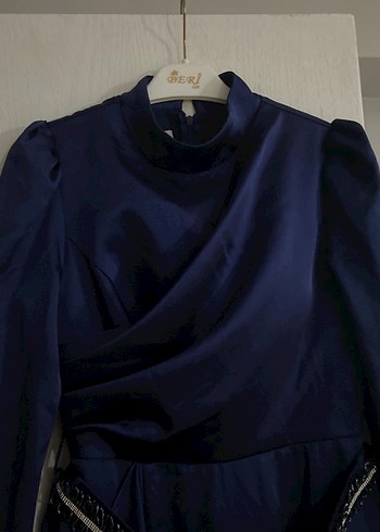 Uzun Lacivert Drapeli Kadın Abiye Elbise - Görsel 4