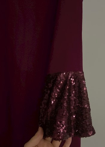 Bordo Uzun Kollu Drapeli Uzun Elbise - Görsel 2