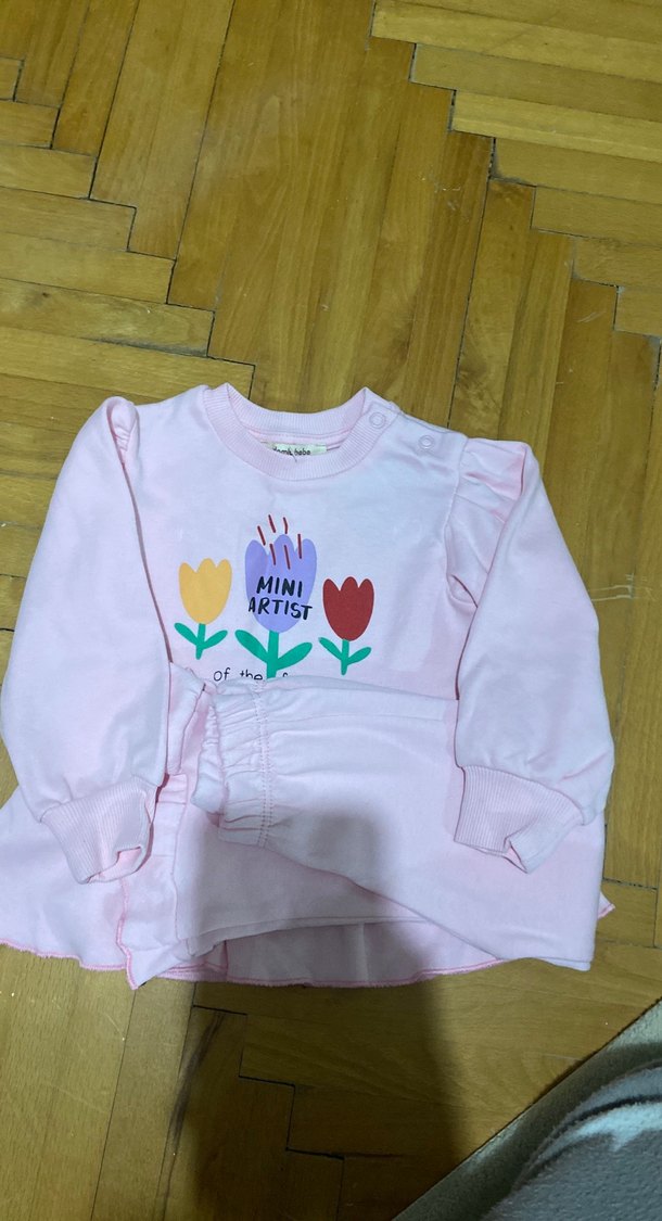 Pembe Çiçekli Uzun Kollu Bebek Kız Takımı - Görsel 2