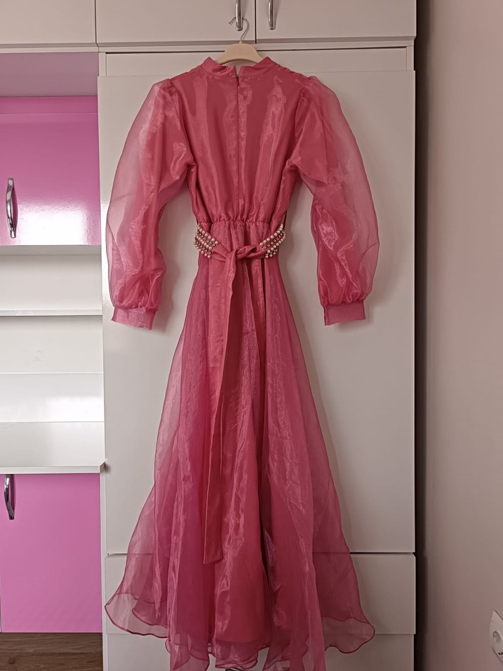 Pembe Uzun Drapeli Bohem Abiye Elbise - Görsel 2