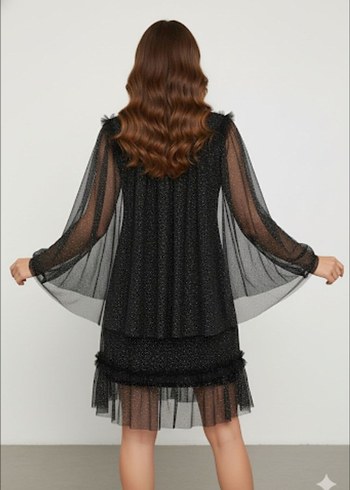 Siyah Puantiyeli Uzun Kollu Midi Kokteyl Elbise - Görsel 2