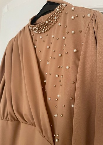 Bej Uzun Kollu Drapeli Kadın Elbise - Görsel 2