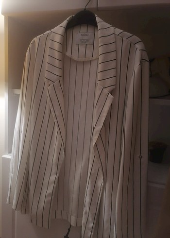 Gri Çizgili Kadın Midi Blazer Ceket - Görsel 2