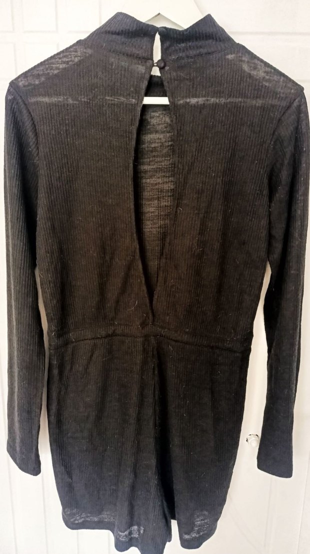 Düğmeli Siyah Yüksek Yakalı Kadın Şort Tulum - Görsel 2