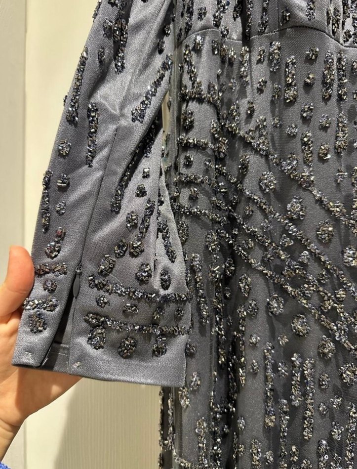 Uzun Gri Nakışlı Kadın Abiye Elbise - Görsel 3