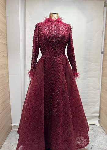 Bordo Parlak Uzun Kollu Kadın Abiye - Görsel 4