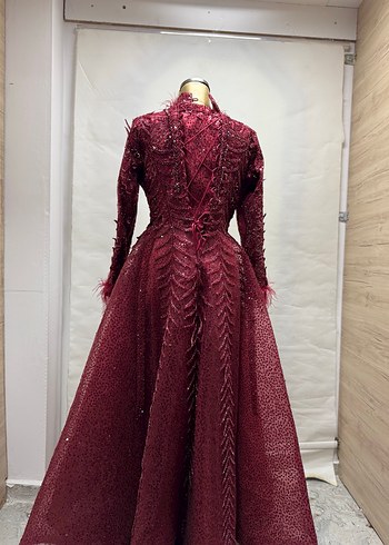 Bordo Parlak Uzun Kollu Kadın Abiye - Görsel 2