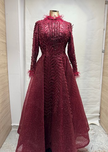 Bordo Parlak Uzun Kollu Kadın Abiye - Görsel 6